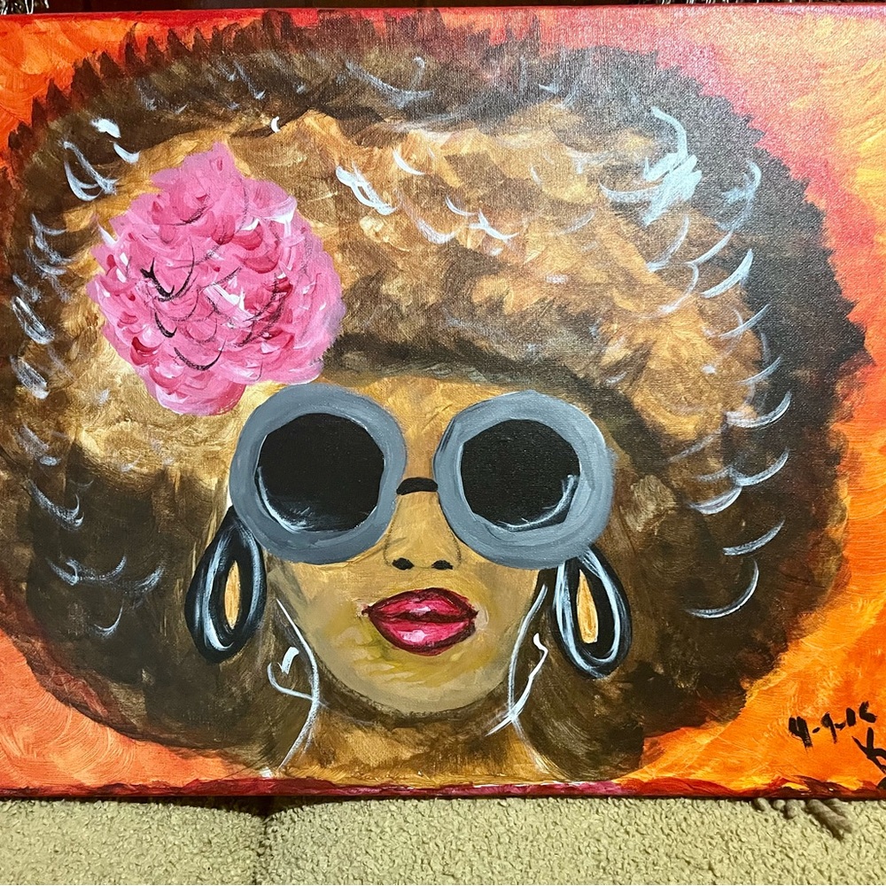 VINTAGE AFRICAN-AMERICAN ART - "AFRO CHICK" PAINTING (2006) (20x16) (ON FRAME) - Picture 2 of 9